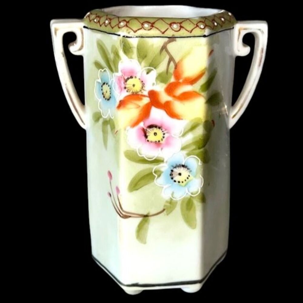 Vintage Nippon "M" Morimura 2 Handled Vase Hand Painted Floral Art Nouveau Vase